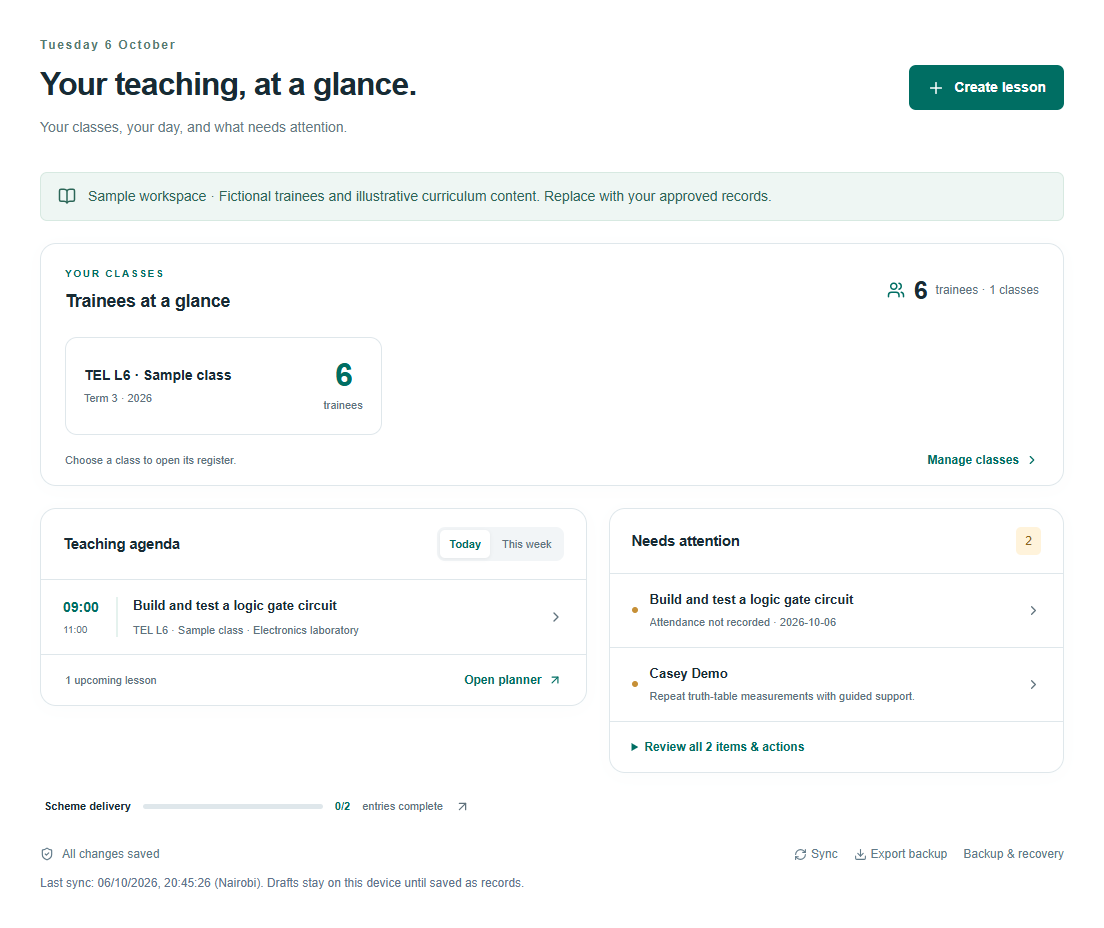 Trainer OS overview with class counts, teaching agenda and attention items using fictional records.